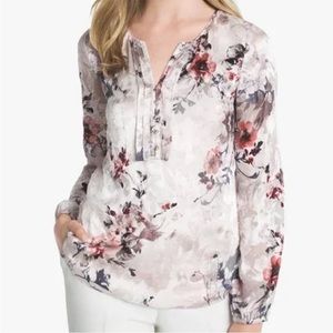 White House Black Market White Floral Burnout Velvet Silk Peasant Top Size 8